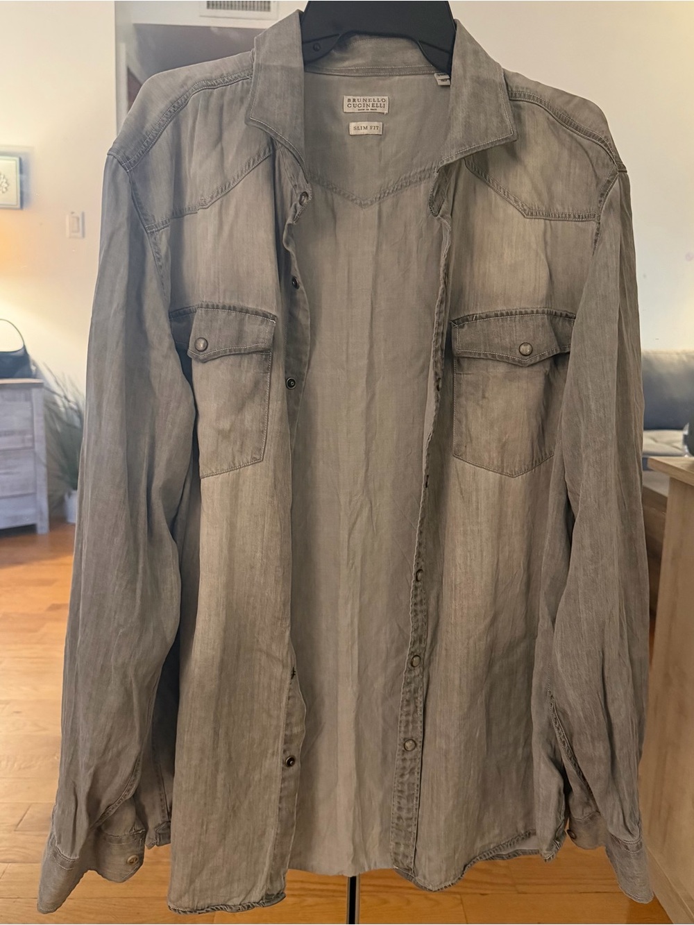 Brunello Cucinelli Washed Light Gray Slim Fit Shirt